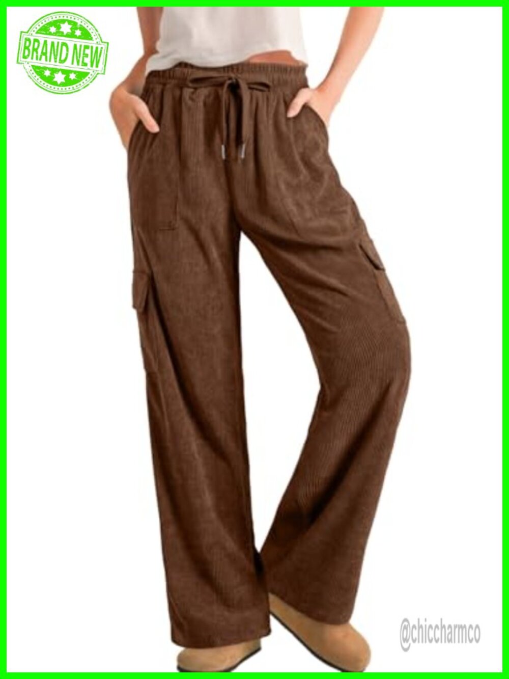 High Waisted Wide Leg Corduroy Cargo Pants Drawstring Loose Fit